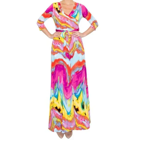 knee length dresses for ladies Janette Fashion 3 Dresses Bundle Deal V-neck 3/4 Sleeve Faux Wrap Maxi –  Kerena Nicole LLC main image 0